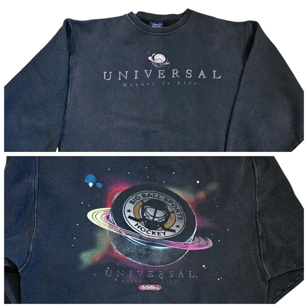 Vintage 90s Mens Large Hockey Is Life Graphic Sweatshirt Large Puck‎ Faded Black